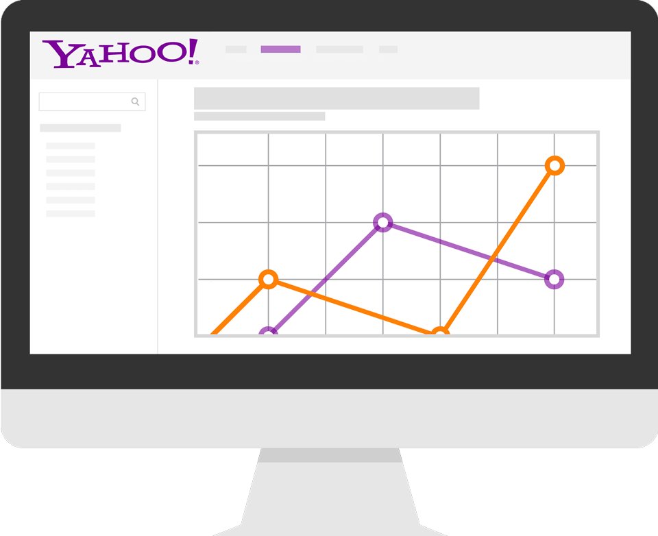 Graphic of a desktop on a white background displaying a Yahoo! page with a line graph