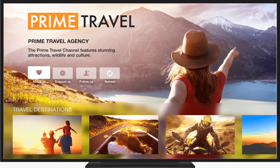 TV screen showing a channel for Prime Travel with the image of a woman in a hat pointing at a mountain landscape