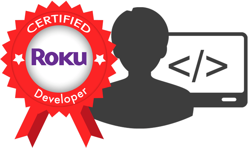 Graphic with a red ribbon for a certified Roku developer and a silhouette of a person next to a computer screen