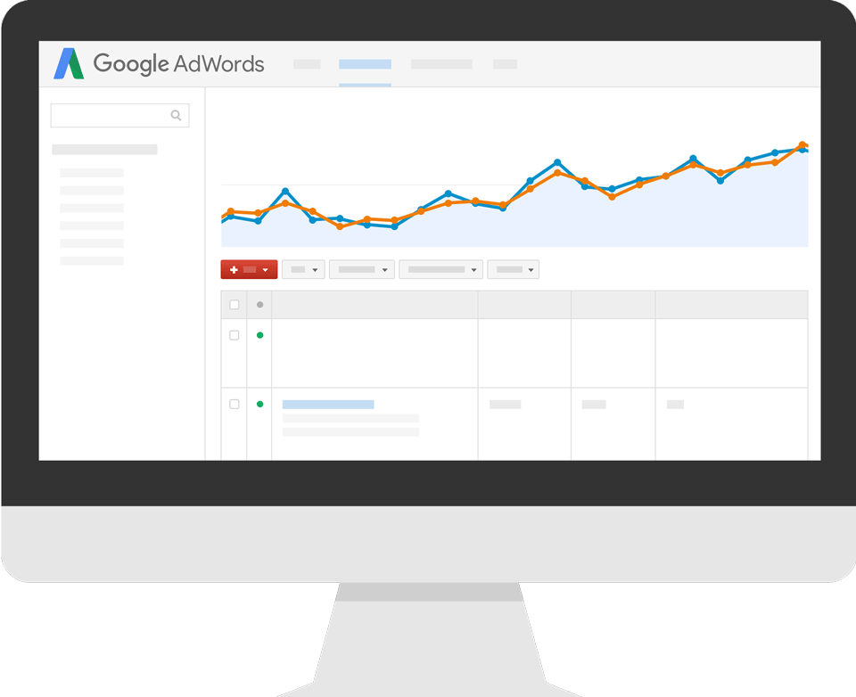 A graphic of a desktop displaying Google AdWords, which shows a line graphic displaying the progress of Google Ad Campaigns