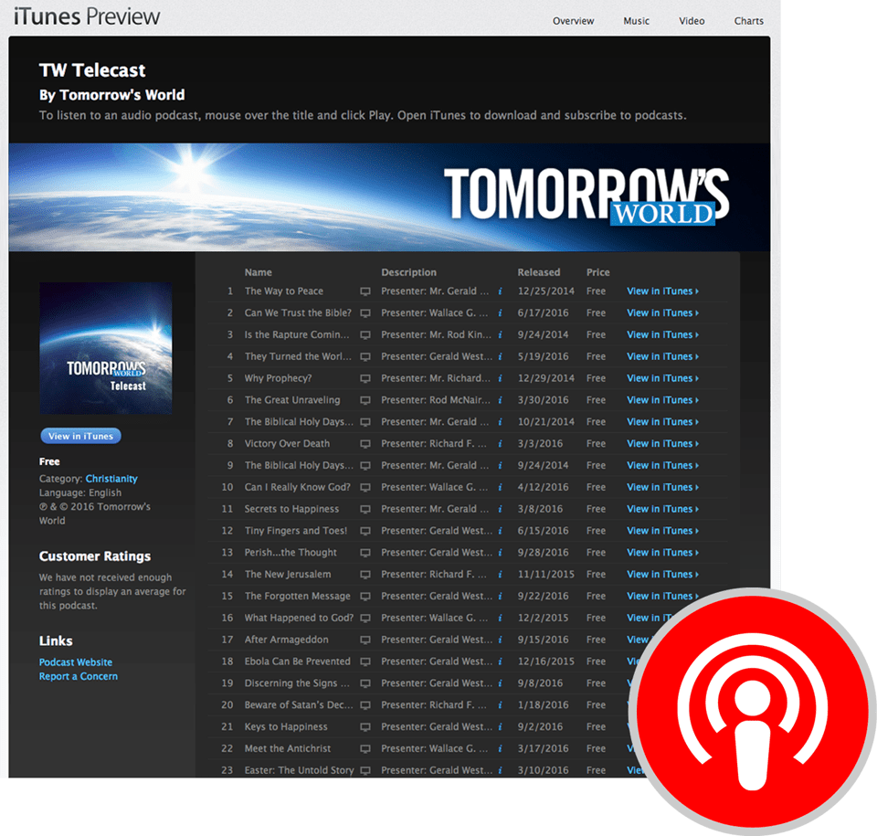 A screenshot of an iTunes preview listing podcast episodes
