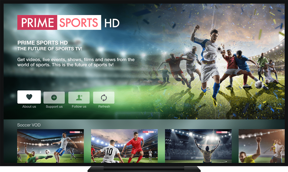 TV screen shows a Prime Sports HD channel with an image of soccer players with highlight videos underneath