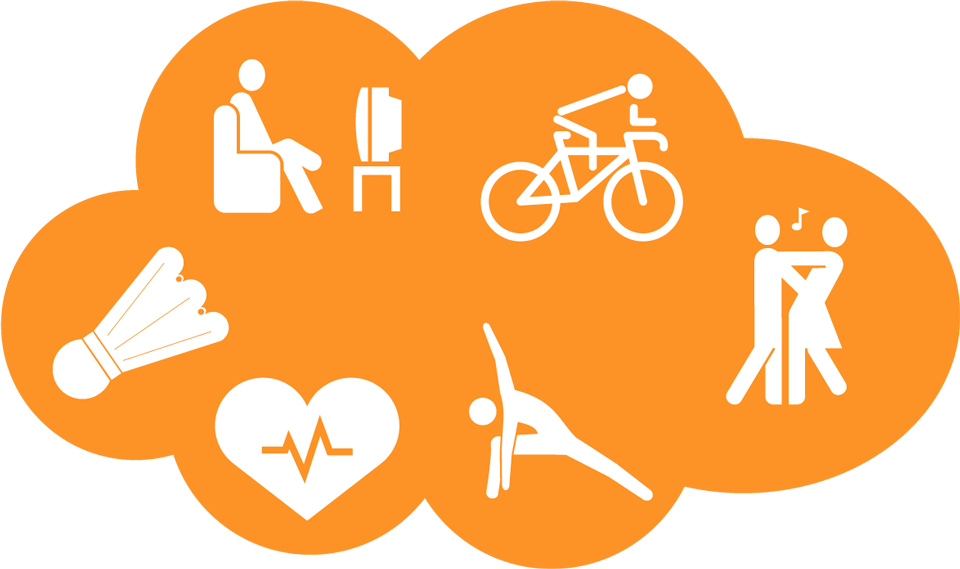 Graphic of an orange cloud with white clip-art of people watching tv, biking, dancing, and stretching, with a heart, and a shuttlecock on a white background