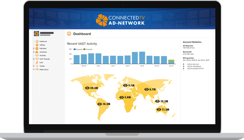 Laptop on a white background showing a screen for "Connected TV Ad-Network." On the page there is a blue bar graph and a yellow world map showing viewership 