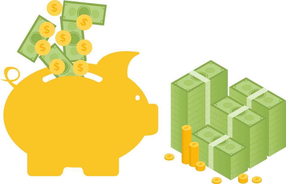 A graphic of a yellow piggy-bank next to a stack of dollars on a white background