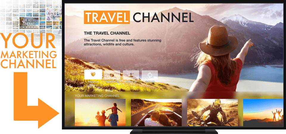 TV on a white background displaying a travel channel, next to the TV is orange lettering which reads "Your marketing channel" with an orange arrow pointing to the TV underneath