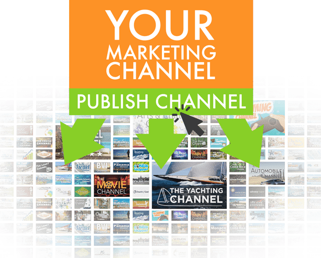 Orange box with white text which reads "Your marketing channel," underneath is a green box with white text which says "publish channel." Under the boxes, three green arrows point down to squares showing different streaming channels