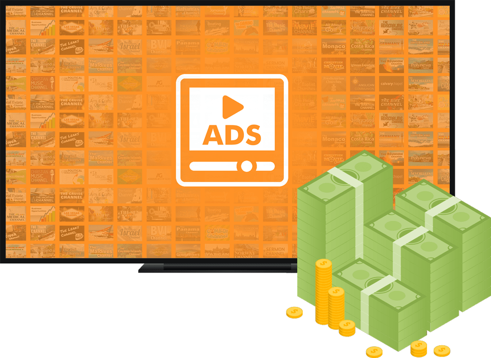 TV with orange screen and white graphic that says "Ads"on a white background, a graphic of a stack of dollars is next to the TV 