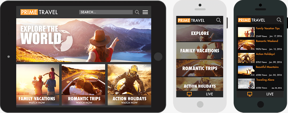 A tablet and two phones on a white background show screenshots from a travel channel 