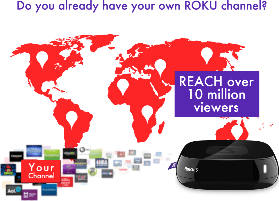 Red and white graphic of a world map with white pins that illustrates reaching audience members with a Roku channel