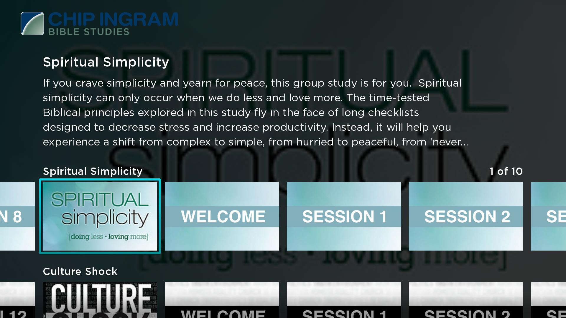 Screenshot of a page titled "Chip Ingram Bible Studies" listing sessions of available videos 