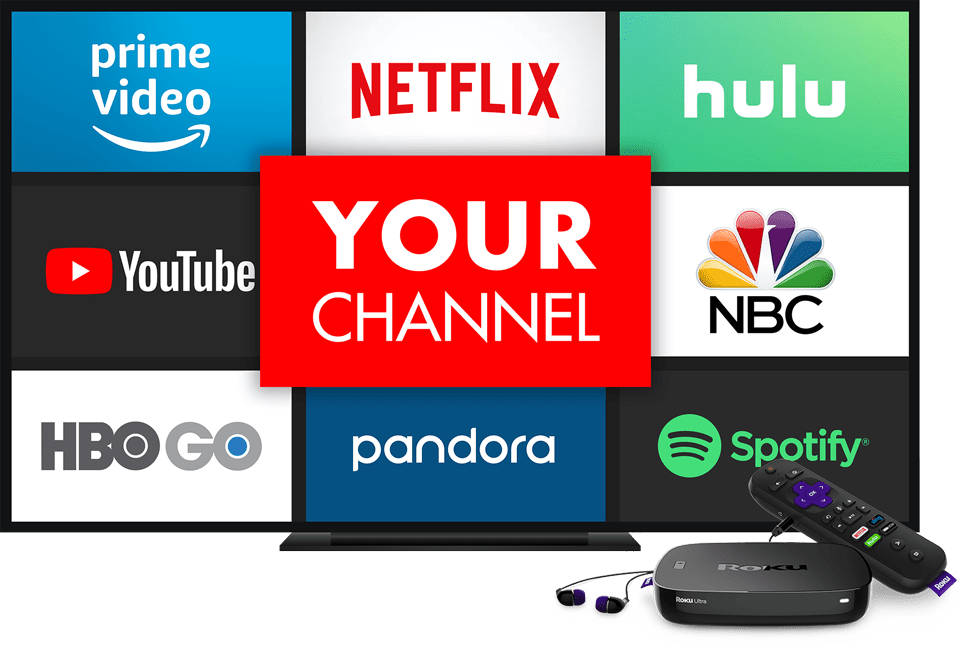 TV on a white background shows a variety of streaming platforms with a red square in the middle with white text that reads "Your Channel" 