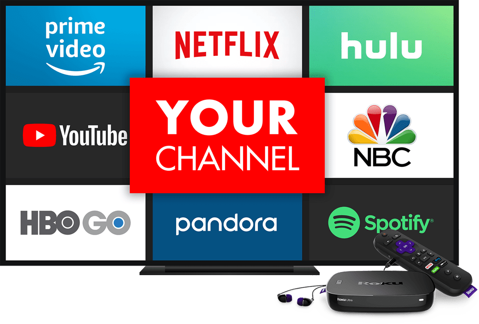 TV on a white background shows a variety of streaming platforms with a red square in the middle with white text that reads "Your Channel"