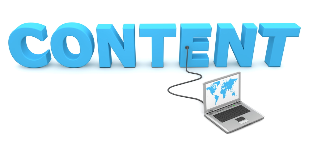 Graphic with the word Content in blue letters connected to a laptop on a white background