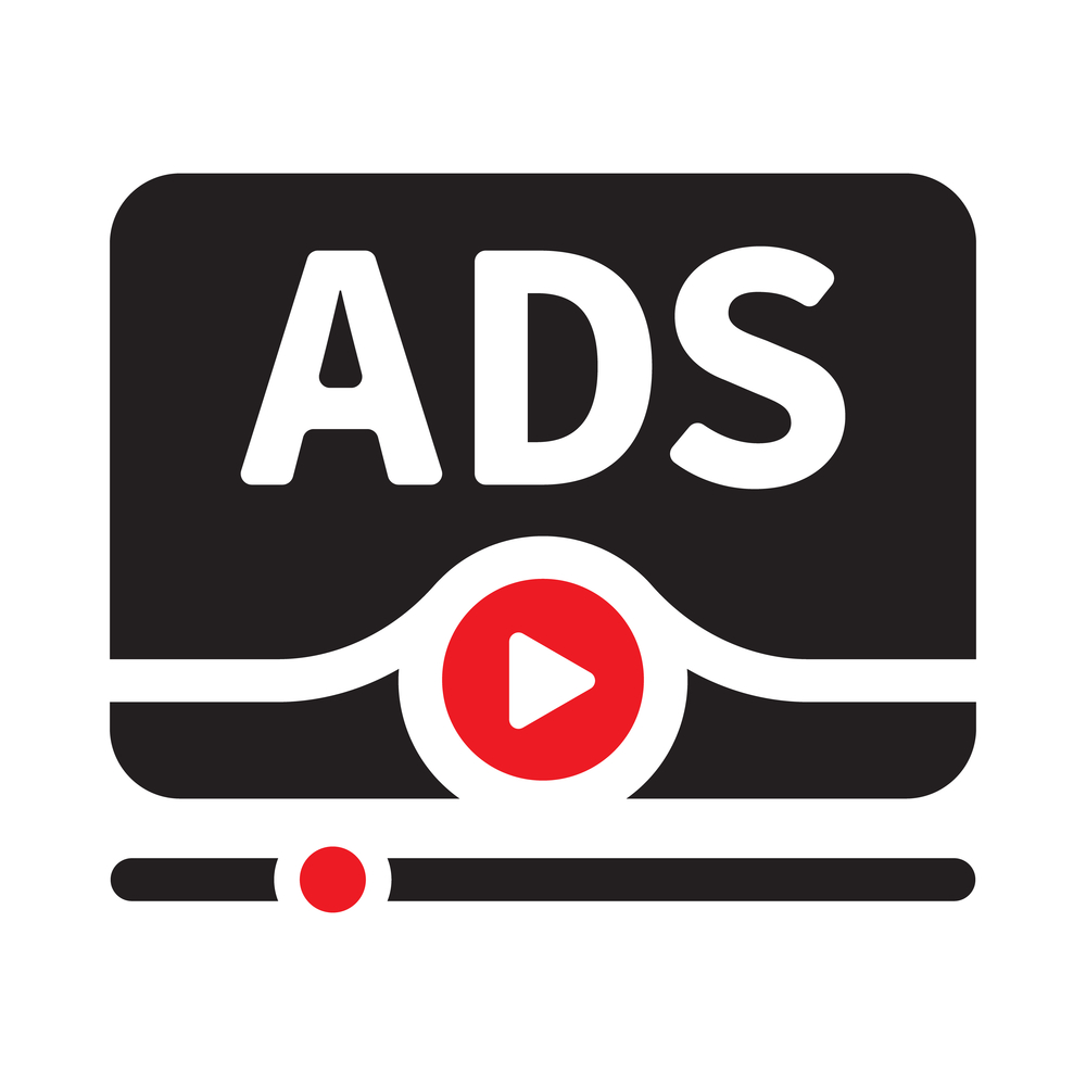 Black square with red play button in the middle and white text that says "Ads" on a white background